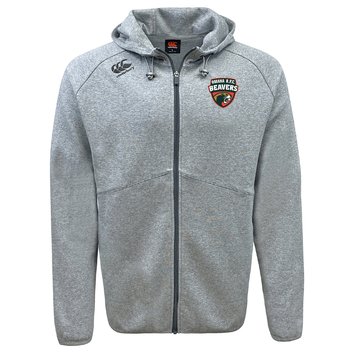 Stay comfortable in the Omaha Beavers RFC Tempo Vapodri Full-Zip Hoodie by EMB Canterbury, a light gray hoodie with a hood, drawstrings, moisture-wicking fabric, the Omaha RFC Beavers logo on the chest, and Canterbury branding.