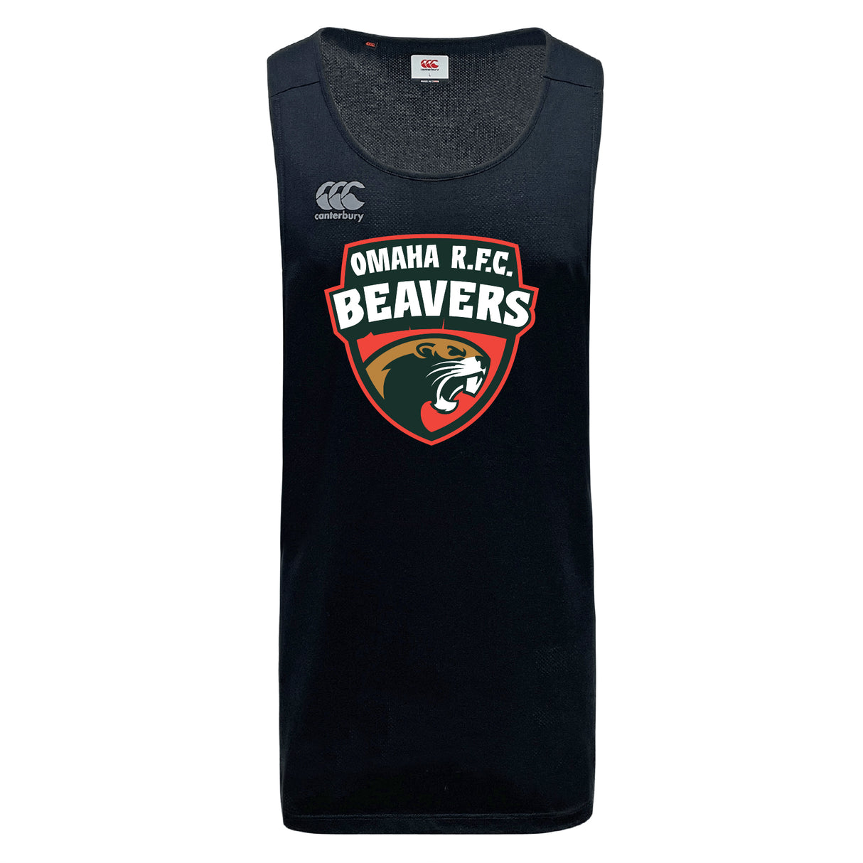 The Omaha Beavers RFC Tempo Vapodri Singlet by WRS Canterbury is a black sports jersey made with recycled polyester, featuring the Canterbury logo and a large Omaha R.F.C. Beavers beaver head emblem on the front.