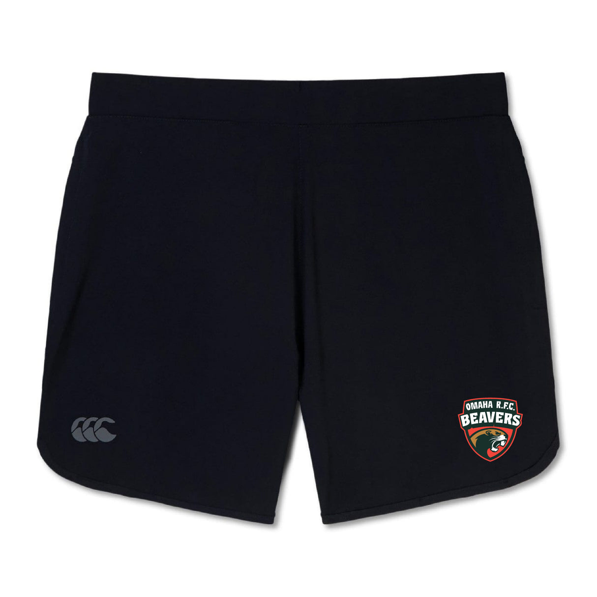 The Omaha Beavers RFC Women's Elite Woven Short by EMB Canterbury features zippered pockets, a white Canterbury logo on the left leg, and an Omaha RFC Beavers badge on the right—ideal for training.