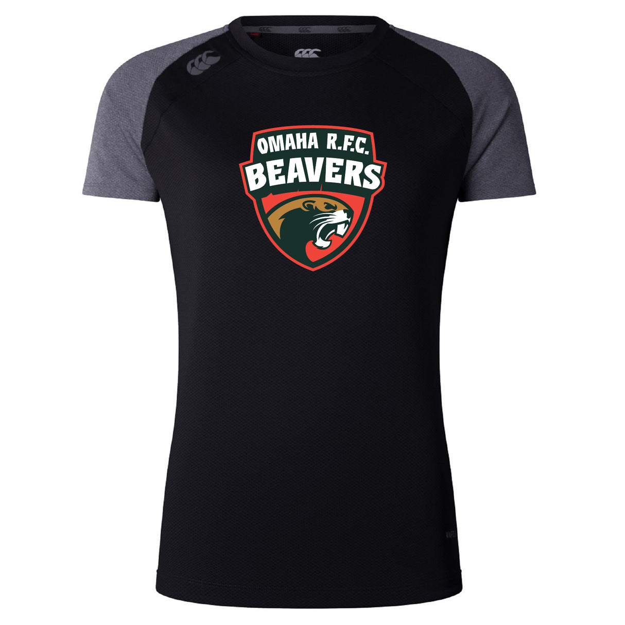 The Omaha Beavers RFC Women's Elite Training Tee by WRS Canterbury features a black and gray design with the "Omaha R.F.C. Beavers" beaver head logo. This lightweight shirt is perfect for intense workouts and elite performance.