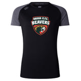 The Omaha Beavers RFC Women's Elite Training Tee by WRS Canterbury features a black and gray design with the "Omaha R.F.C. Beavers" beaver head logo. This lightweight shirt is perfect for intense workouts and elite performance.