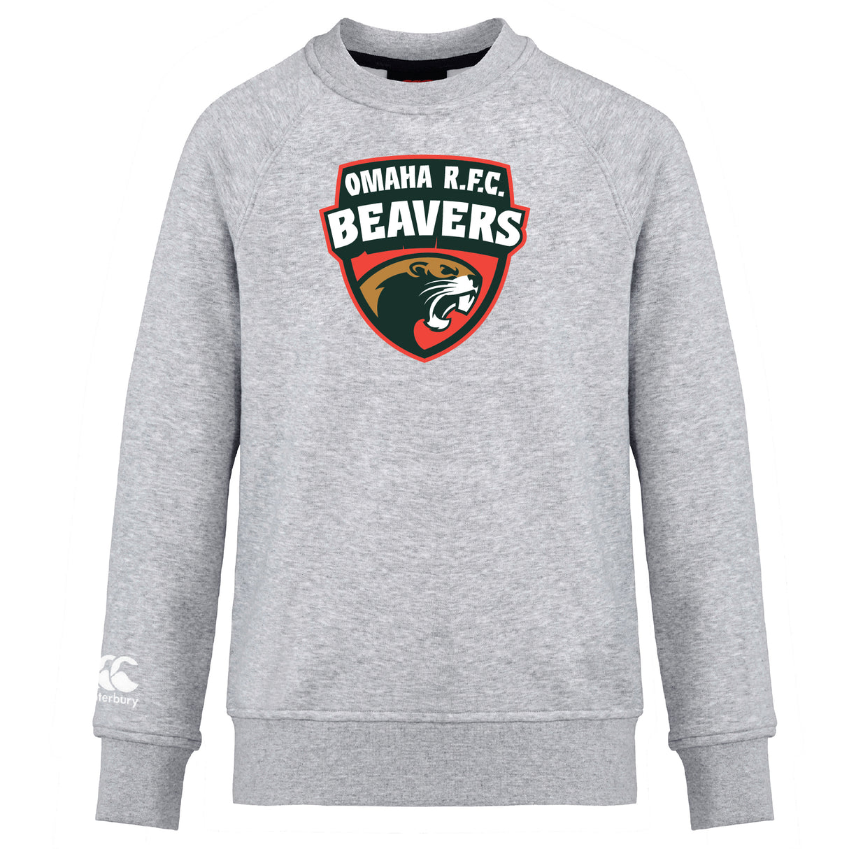 The Omaha Beavers RFC Club Crew Sweatshirt by WRS Canterbury features the "Omaha R.F.C. Beavers" logo with a beaver head on the chest, ultra soft feel, and an embroidered CCC logo on the sleeve.