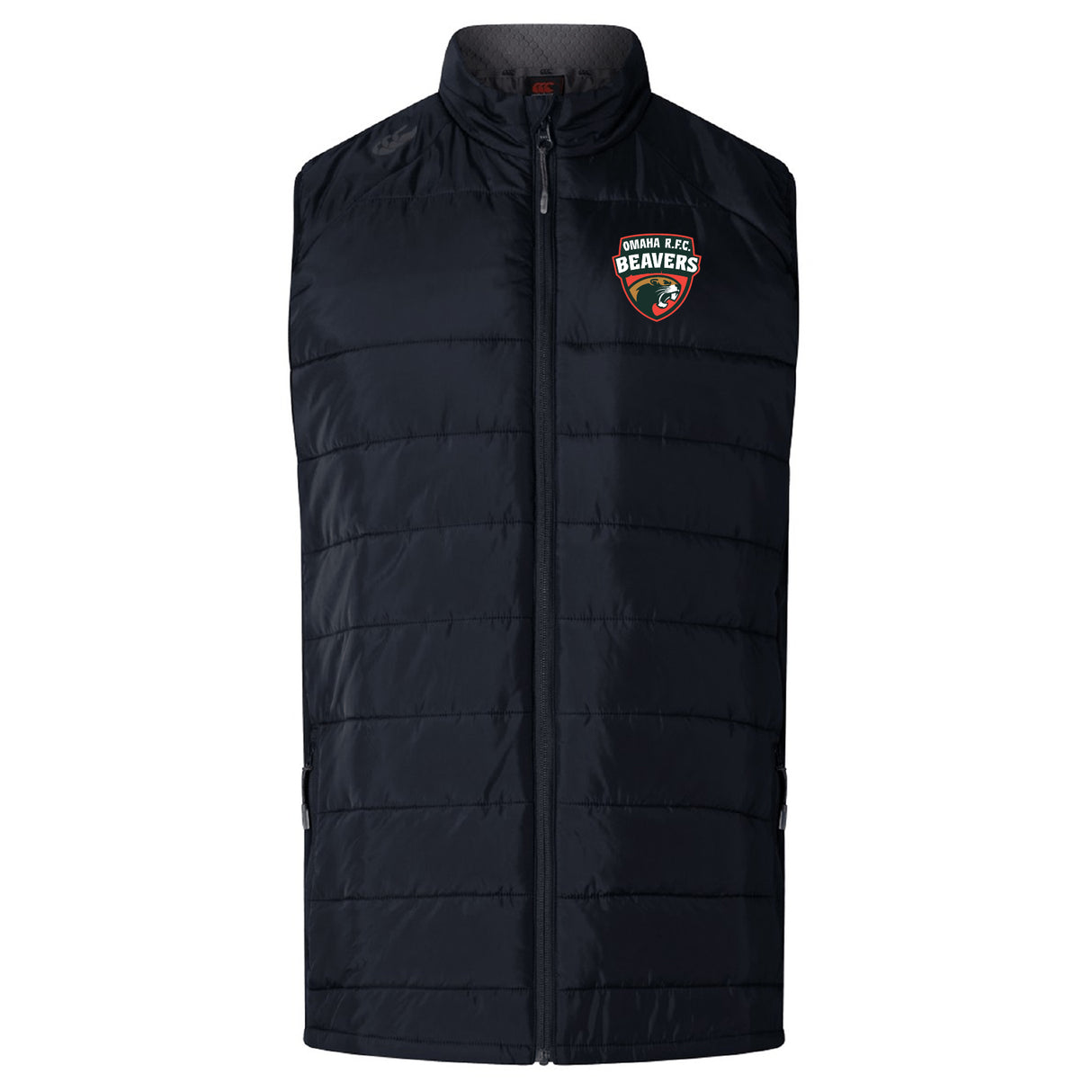The EMB Canterbury Omaha Beavers RFC Women's Elite Microlite Gilet features black quilted insulation, a zip front, and an "Omaha FC Beavers" logo on the left chest.