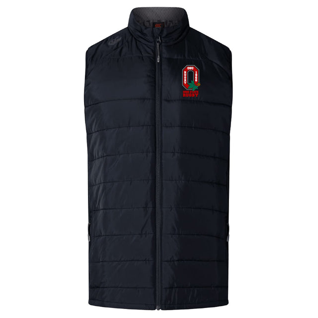 The Ohio State University Alumni Elite Microlite Gilet by EMB Canterbury is a black quilted sleeveless vest with Thermoreg fleece insulation, zip-up front, and embroidered "Q Rugby" logo—ideal for cool days.