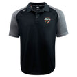 The Omaha Beavers RFC Elite Polo by EMB Canterbury is a lightweight black and gray collared shirt with the club logo on the chest, Canterbury logo on the shoulder, and made from breathable Vapodri fabric for comfort.