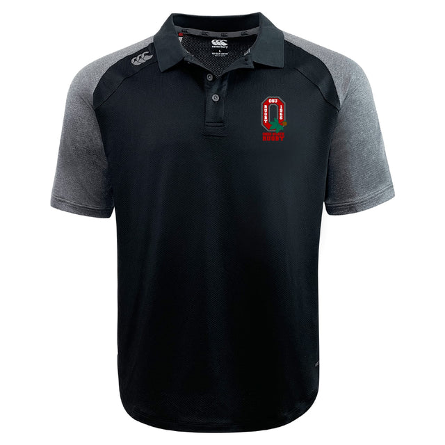The EMB Canterbury Ohio State University Alumni Elite Polo features black and gray short sleeves, a buttoned collar, an embroidered red and green OSU Rugby logo on the left chest, and moisture-wicking Vapodri fabric for all-day comfort.