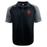 The EMB Canterbury Ohio State University Alumni Elite Polo features black and gray short sleeves, a buttoned collar, an embroidered red and green OSU Rugby logo on the left chest, and moisture-wicking Vapodri fabric for all-day comfort.