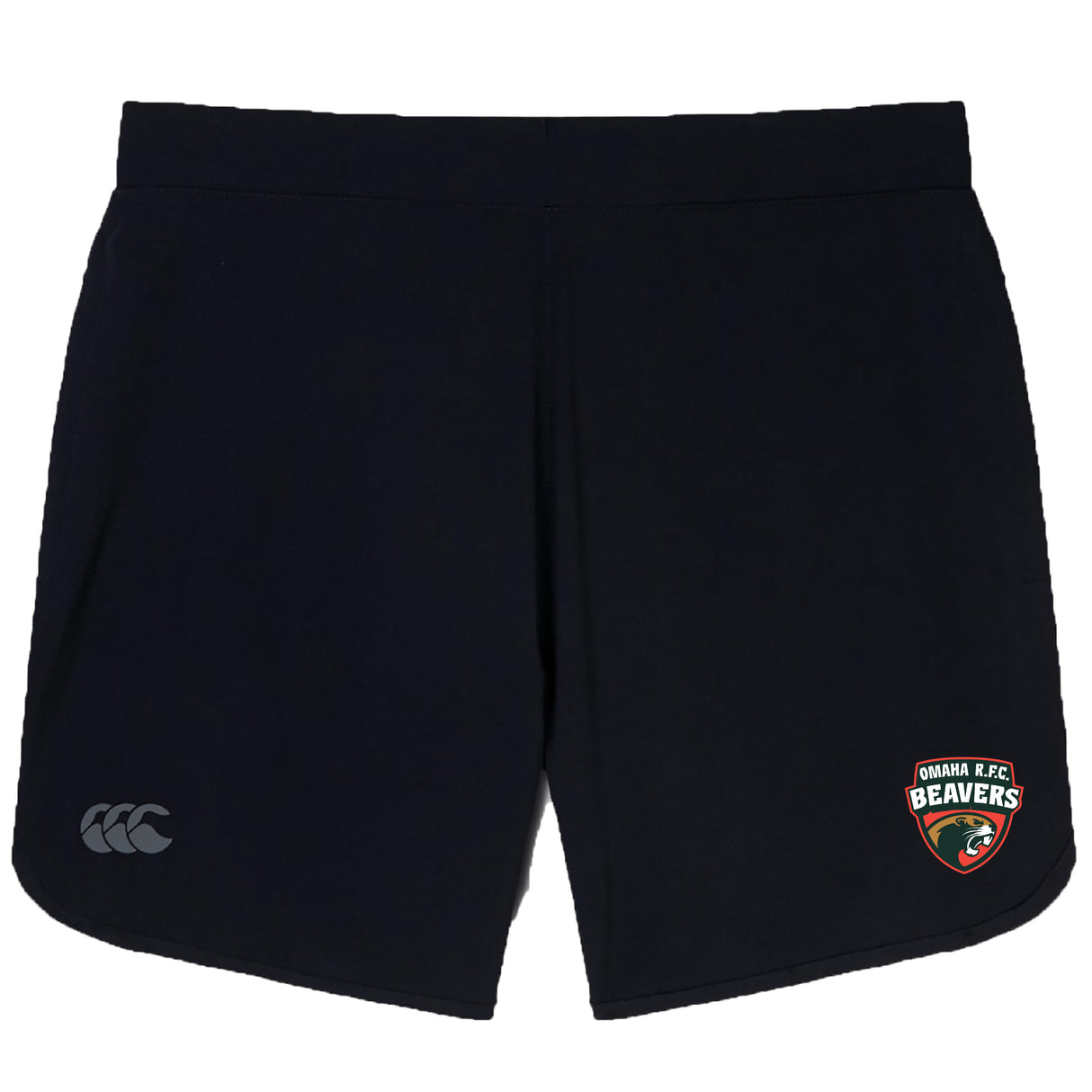 The Omaha Beavers RFC Elite Woven Short by EMB Canterbury features a small Omaha RFC Beavers logo on the left leg and a Canterbury logo on the right—perfect as your go-to gym short.