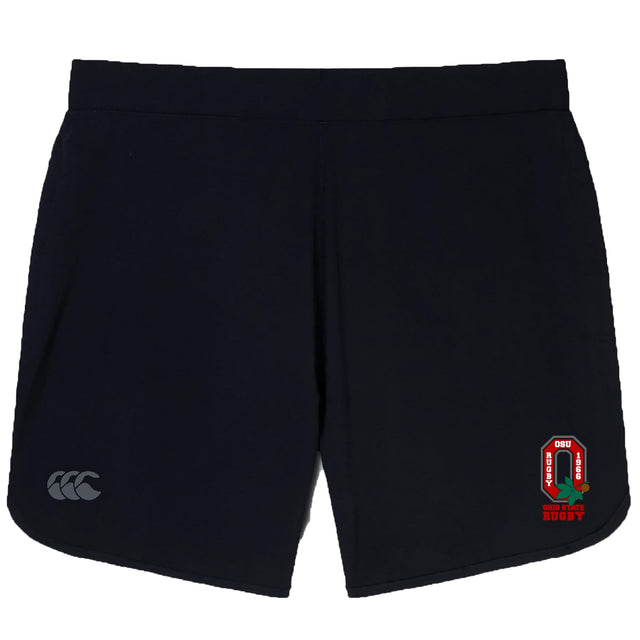 The Ohio State University Alumni Elite Woven Short by EMB Canterbury features the OSU Rugby logo, Canterbury branding, and zippered pockets—ideal gym shorts for any athlete.