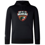 The Omaha Beavers RFC Club Lightweight Hoodie by WRS Canterbury is a black, lightweight hoodie with a kangaroo pocket and Omaha F.C. Beavers logo and beaver graphic on the chest—perfect for Canterbury Club fans.