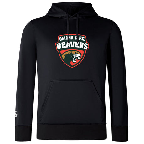 The Omaha Beavers RFC Club Lightweight Hoodie by WRS Canterbury is a black, lightweight hoodie with a kangaroo pocket and Omaha F.C. Beavers logo and beaver graphic on the chest—perfect for Canterbury Club fans.
