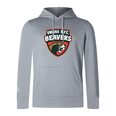 The Omaha Beavers RFC Club Lightweight Hoodie by WRS Canterbury features a gray design with the iconic beaver head logo, bold chest text, and a convenient kangaroo pocket for comfort and style.