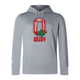 The WRS Canterbury Ohio State University Alumni Club Lightweight Hoodie in gray features a large Rugby logo with an "O," rugby posts, a buckeye leaf, and a kangaroo pocket on the front.