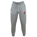 The EMB Canterbury Ohio State University Alumni Leisure Sweatpant features light grey organic cotton, a drawstring waist, two side pockets, a white logo on the left thigh, and a red and white crest on the right thigh.