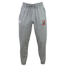 The EMB Canterbury Ohio State University Alumni Leisure Sweatpant features light grey organic cotton, a drawstring waist, two side pockets, a white logo on the left thigh, and a red and white crest on the right thigh.
