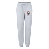 The Ohio State University Alumni Women's Leisure Sweatpant by EMB Canterbury features light grey organic cotton, an elastic waistband with drawstring, and a red "O Rugby" logo on the left thigh for all-day comfort.