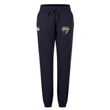 The Omaha Beavers RFC Women's Leisure Sweatpant by EMB Canterbury features a navy blue design with a drawstring waist, Beavers crest on the right leg, and white Canterbury logo on the left thigh—ideal for stylish comfort.