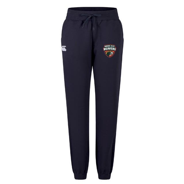 The Omaha Beavers RFC Women's Leisure Sweatpant by EMB Canterbury features a navy blue design with a drawstring waist, Beavers crest on the right leg, and white Canterbury logo on the left thigh—ideal for stylish comfort.
