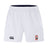 The Ohio State University Alumni Advantage Short 2.0 by EMB Canterbury features an elastic waistband, black Canterbury logo on the left leg, and red and green rugby club crest on the right—ideal sustainable sportswear for every match.