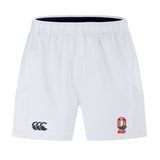 The Ohio State University Alumni Advantage Short 2.0 by EMB Canterbury features an elastic waistband, black Canterbury logo on the left leg, and red and green rugby club crest on the right—ideal sustainable sportswear for every match.