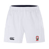 The Ohio State University Alumni Advantage Short 2.0 by EMB Canterbury features an elastic waistband, black Canterbury logo on the left leg, and red and green rugby club crest on the right—ideal sustainable sportswear for every match.