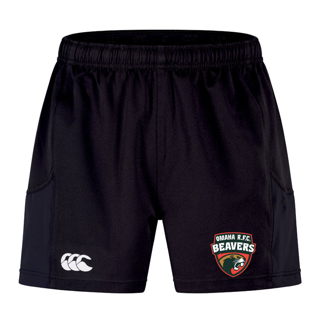 The Omaha Beavers RFC Advantage Short 2.0 by EMB Canterbury features an elastic waistband, recycled material for sustainability, the Omaha RFC Beavers logo on the right leg, and the Canterbury logo on the left.