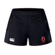 The Ohio State University Alumni Women's Advantage Short 2.0 by EMB Canterbury features a white Canterbury logo on the left leg and an embroidered alumni crest on the right. Made from recycled sportswear for superior comfort.