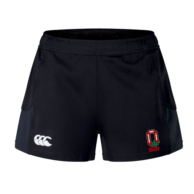 The Ohio State University Alumni Women's Advantage Short 2.0 by EMB Canterbury features a white Canterbury logo on the left leg and an embroidered alumni crest on the right. Made from recycled sportswear for superior comfort.