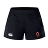 The Ohio State University Alumni Women's Advantage Short 2.0 by EMB Canterbury features a white Canterbury logo on the left leg and an embroidered alumni crest on the right. Made from recycled sportswear for superior comfort.