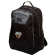 The Omaha Beavers RFC Medium Backpack by Canterbury (EMB Canterbury) features black fabric with gray trim, a front zipper pocket, mesh side pocket, water repellent finish, and an Omaha RFC Beavers patch on the front.