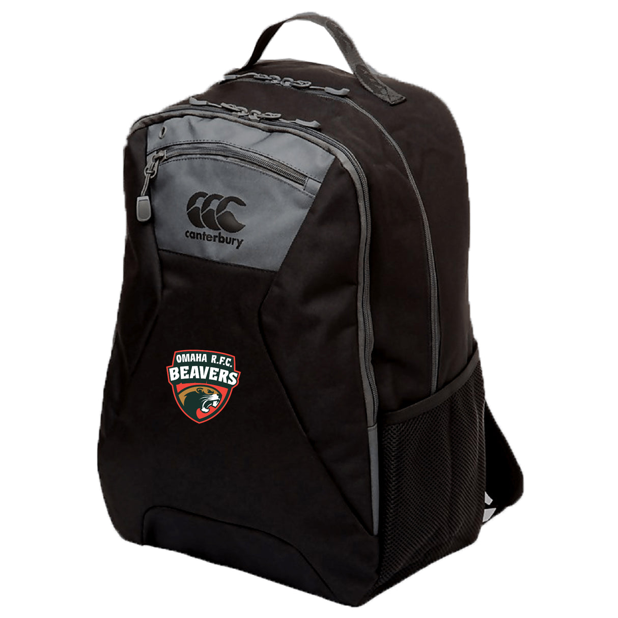 The Omaha Beavers RFC Medium Backpack by Canterbury (EMB Canterbury) features black fabric with gray trim, a front zipper pocket, mesh side pocket, water repellent finish, and an Omaha RFC Beavers patch on the front.