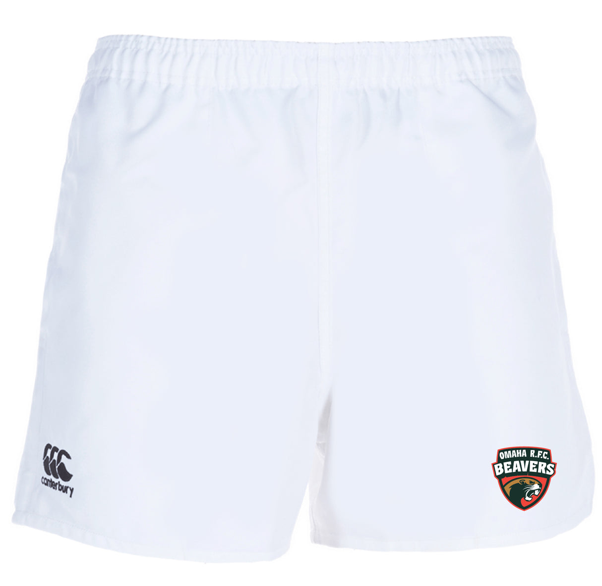 The Omaha Beavers RFC Advantage Rugby Shorts by EMB Canterbury feature an elastic waistband, Canterbury logo on the left leg, and Omaha R.F.C. Beavers logo on the right—moisture-wicking shorts for comfort and performance.