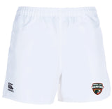 The Omaha Beavers RFC Advantage Rugby Shorts by EMB Canterbury feature an elastic waistband, Canterbury logo on the left leg, and Omaha R.F.C. Beavers logo on the right—moisture-wicking shorts for comfort and performance.