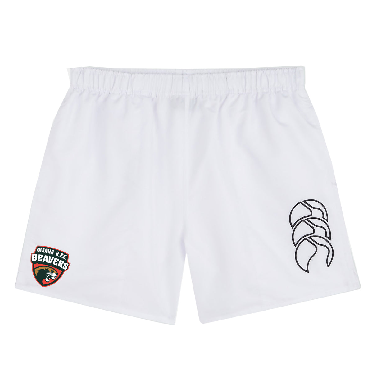 The Omaha Beavers RFC Tactic Short by EMB Canterbury features an elastic waistband, the "Omaha RFC Beavers" logo on the left leg, and a black abstract logo on the right—ideal men's gym shorts for comfort and style.