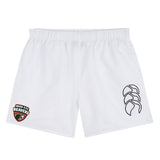 The Omaha Beavers RFC Tactic Short by EMB Canterbury features an elastic waistband, the "Omaha RFC Beavers" logo on the left leg, and a black abstract logo on the right—ideal men's gym shorts for comfort and style.