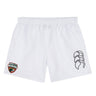 The Omaha Beavers RFC Tactic Short by EMB Canterbury features an elastic waistband, the "Omaha RFC Beavers" logo on the left leg, and a black abstract logo on the right—ideal men's gym shorts for comfort and style.
