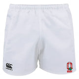 The Ohio State University Alumni Advantage Rugby Shorts by EMB Canterbury feature an elastic waistband, moisture-wicking fabric, the Canterbury logo on the left leg, and an Ohio State Rugby emblem on the right. Designed for comfort and performance.