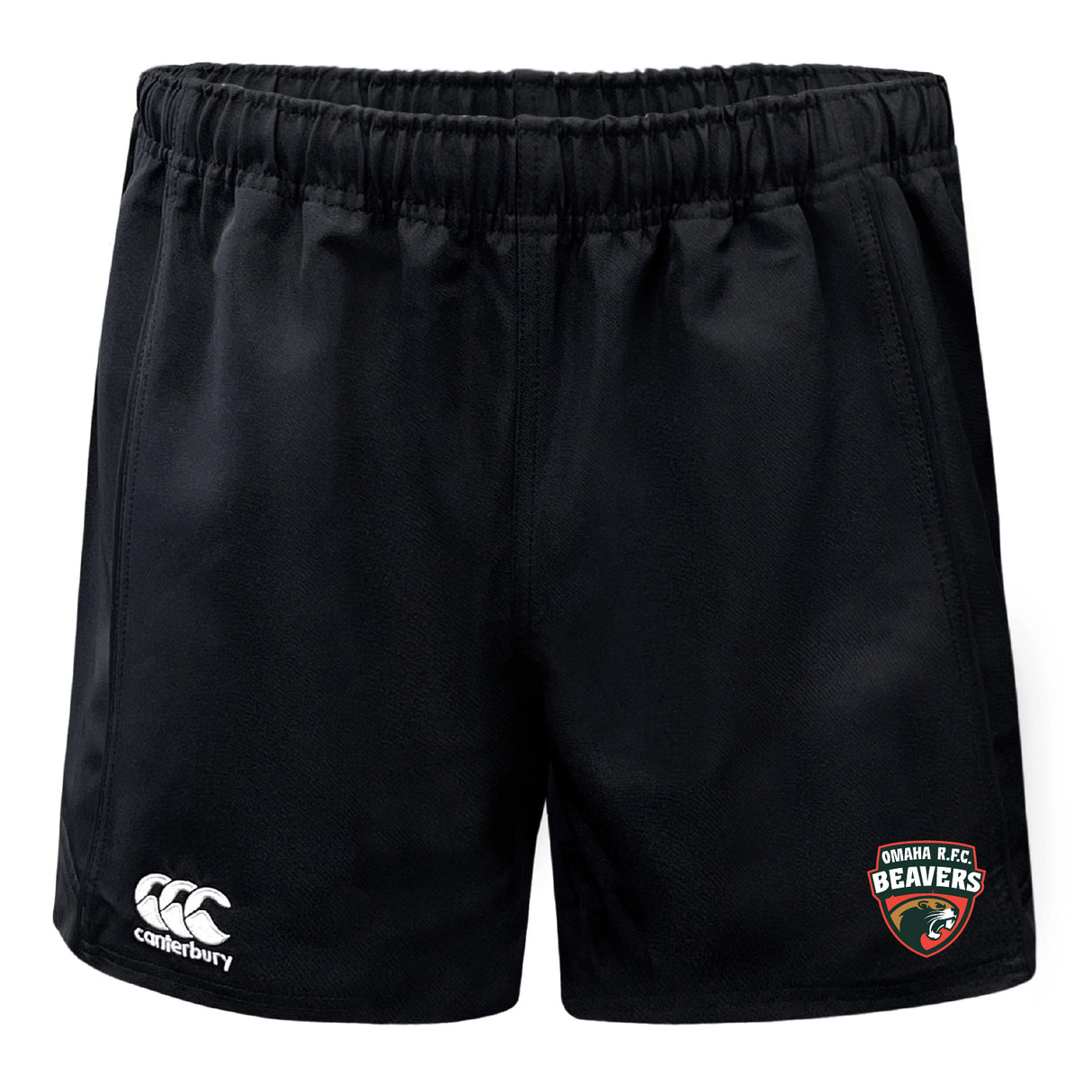 The EMB Canterbury Omaha Beavers RFC Professional Polyester Rugby Short features durable black fabric with the Beavers logo on the right leg and Canterbury branding on the left—ideal for training or match day.