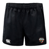 The EMB Canterbury Omaha Beavers RFC Professional Polyester Rugby Short features durable black fabric with the Beavers logo on the right leg and Canterbury branding on the left—ideal for training or match day.