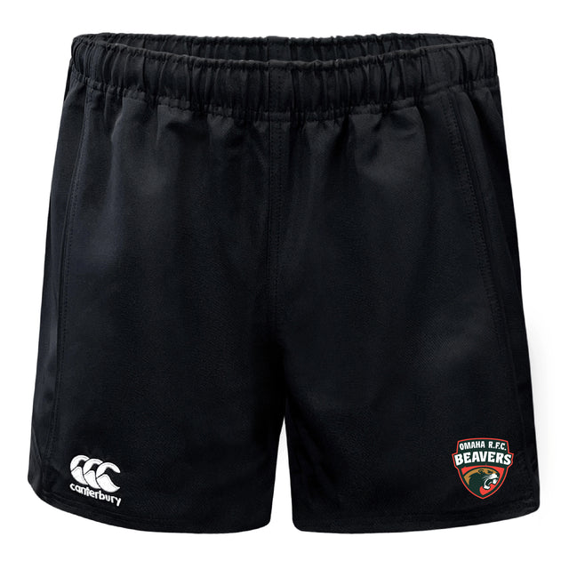 The EMB Canterbury Omaha Beavers RFC Professional Polyester Rugby Short features durable black fabric with the Beavers logo on the right leg and Canterbury branding on the left—ideal for training or match day.