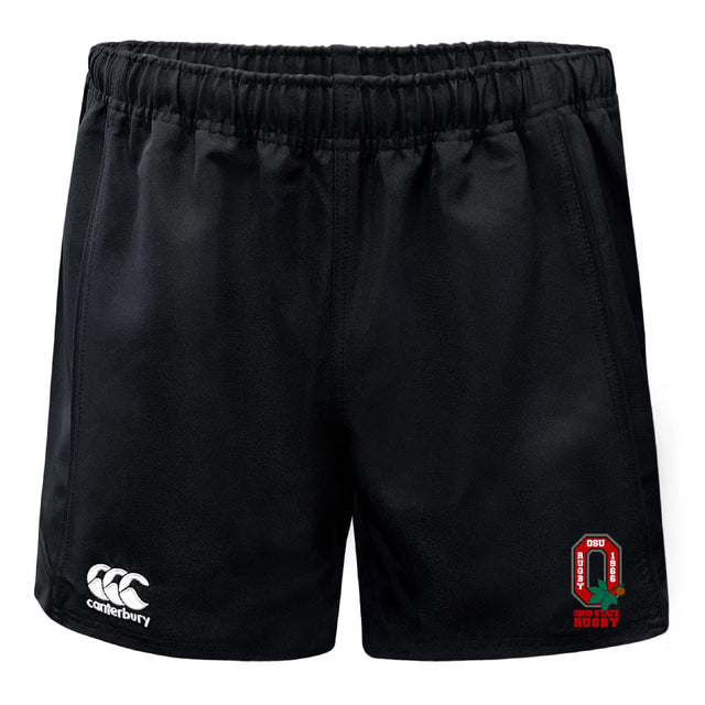 The EMB Canterbury Ohio State University Alumni Advantage Rugby Shorts feature an elastic waistband, moisture-wicking fabric, and display the white Canterbury logo on the left leg and the Ohio State Rugby logo on the right.