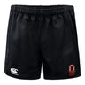 The EMB Canterbury Ohio State University Alumni Advantage Rugby Shorts feature an elastic waistband, moisture-wicking fabric, and display the white Canterbury logo on the left leg and the Ohio State Rugby logo on the right.