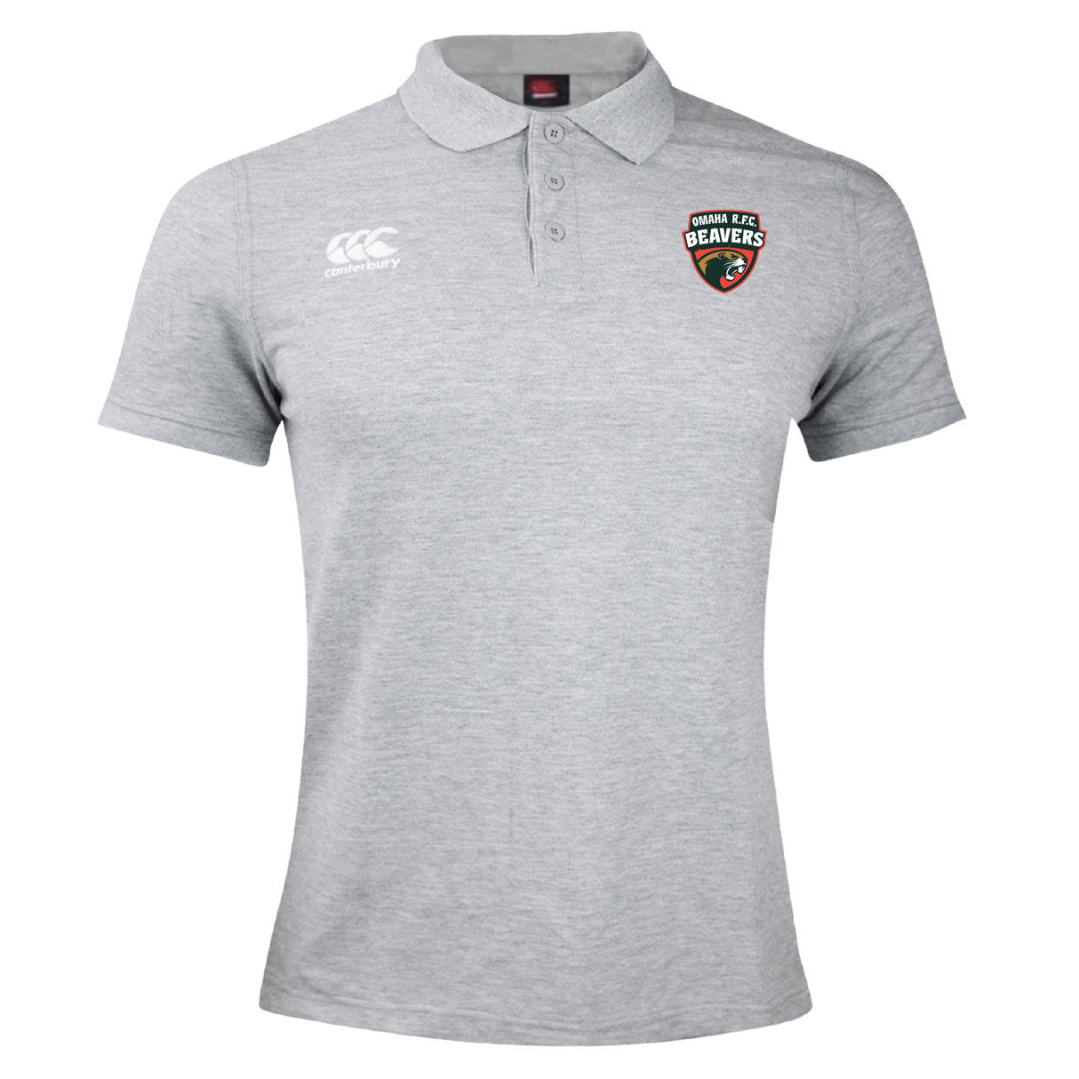 Show your support in the Omaha Beavers RFC Waimak Polo by EMB Canterbury—a light grey rugby polo with short sleeves, Canterbury logo on the right chest, and Beavers club badge on the left. Perfect for club supporters.