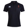 The Ohio State University Alumni Waimak Polo by EMB Canterbury is a black, short-sleeve rugby polo with a collar, white Canterbury logo on the right chest, and a red and green embroidered crest on the left chest.