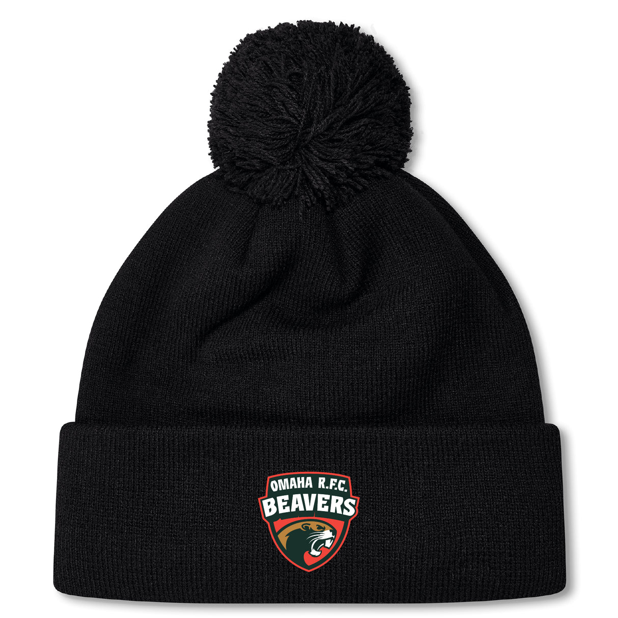 The Omaha Beavers RFC Pom Pom Beanie by EMB Canterbury is a black bobble hat with a pom-pom and features an "Omaha R.F.C. Beavers" logo patch on the front.
