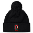The Ohio State University Alumni Pom Pom Beanie by EMB Canterbury is a black, fleece-lined hat featuring an embroidered red and white "OSU Rugby 1966" logo and "Ohio State Rugby" text on the front, for extra warmth and comfort.