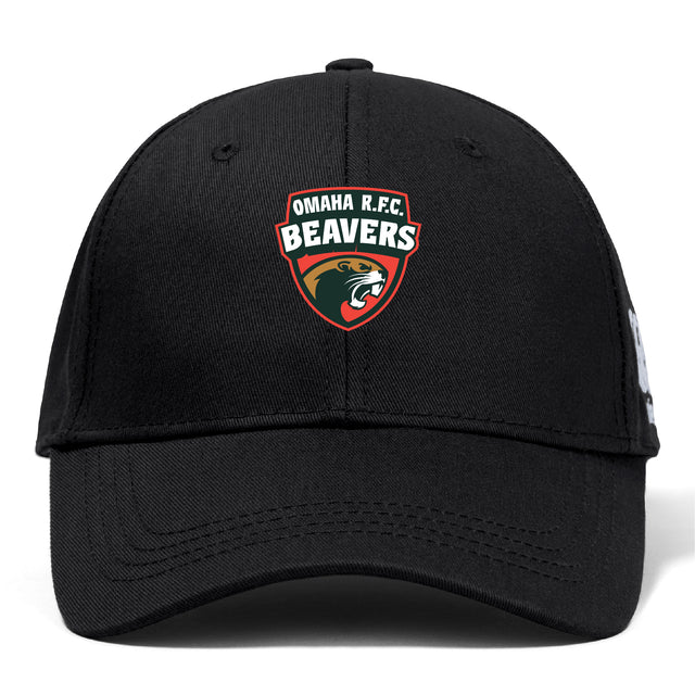 The Omaha Beavers RFC Flexfit Drill Cap by EMB Canterbury is a black cap with the Omaha R.F.C. Beavers embroidered beaver head logo on the front panel.
