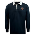 The EMB Mudoo Omaha Beavers RFC Classic Long Sleeve Solid Rugby Jersey is a black rugby shirt with a white collar, made from a cotton-poly blend and featuring the Oregon State Beavers logo on the left chest.
