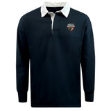 The EMB Mudoo Omaha Beavers RFC Classic Long Sleeve Solid Rugby Jersey is a black rugby shirt with a white collar, made from a cotton-poly blend and featuring the Oregon State Beavers logo on the left chest.