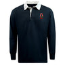 The EMB Mudoo Ohio State University Alumni Classic Long Sleeve Solid Rugby Jersey features black fabric with a white collar, a small red and white logo on the left chest, and is made from a soft cotton-poly blend for a classic look.